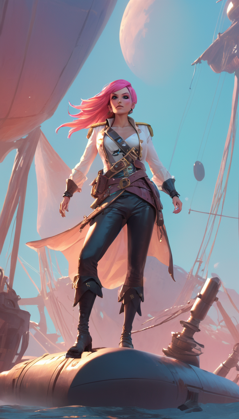 Cinematic scene, hero view, Pirate queen, action pose, sci-fi, detailed background, masterpiece, best quality, high quality, highres, absurdres, pastel colors <lora:pastel_xl_v2:1>