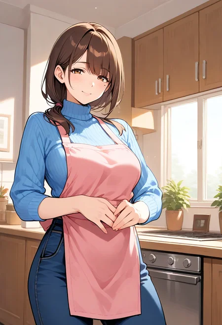 score_9, score_8_up, score_7_up,source_anime
1girl,
<lora:Hyper-SDXL-8steps-lora:1>
<lora:StS_age_slider_v1_initial_release:1>
mature female,
<lora:SDXL_zemimama_pony724:0.7>
brown hair, medium hair, low ponytail, bangs,mole,
turtleneck,
blue sweater, apron,
pink apron,
bedroom, blue pants,denim,
living room,