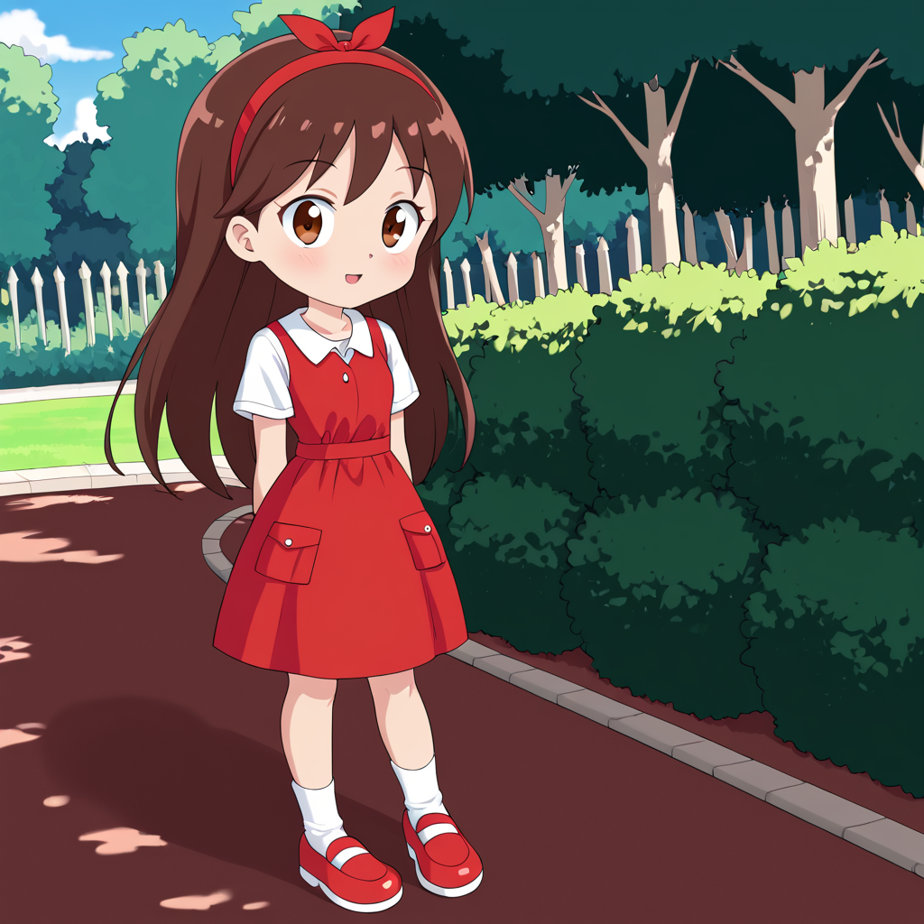 outdoors,  <lora:Narizinho_Sítio_do_Pica-Pau_Amarelo:.8> narizinho, 1girl, solo, , brown long hair, red headband, white undershirt, red dress, white socks, red shoes