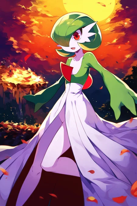 score_9, score_8_up, score_7_up, score_6_up, score_5_up, score_4_up, masterpiece, high quality, BREAK, full body, BREAK, 1girl,   <lora:Gardevoir[Pony]:0.8> Gardevoir, white skin, short hair, red eyes, white dress, pokemon (creature), red crest on chest, green sleeves, shiny,