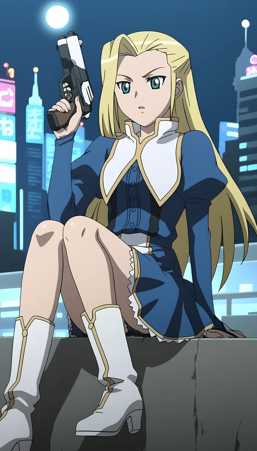 score_9, source_anime BREAK, oldest, anime screencap, outdoors, city, city lights, night, night sky, <lora:RoseAnderson(Pony)-11:1>RoseAnderson, 1girl, solo, long hair, blonde hair, ahoge, huge ahoge, capelet, collared capelet, shirt, blue shirt, buttons, puffy sleeves, long sleeves, (bridal gauntlets), boots, white boots, skirt, multicolored skirt, handgun, holding handgun, weapon, firing, sitting,