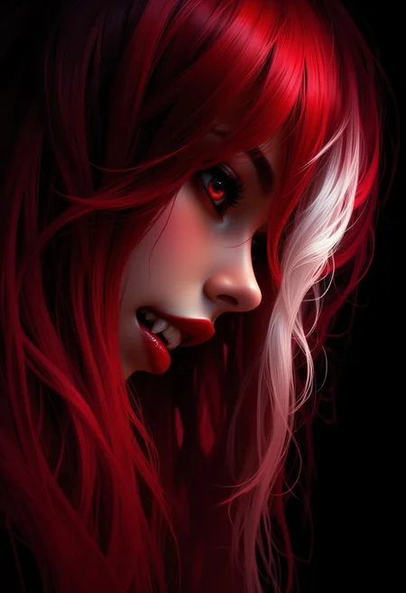 masterpiece, high detail, masterpiece, closeup portrait of stunning oriental vampire woman, long red hair with white streak, dark eyeshadow, red lips, mouth slightly open showing fangs, chiascuro, sexy, seductive, erotic, direct gaze, dark background. highest definition, HD32K, wallpaper, hyperdetailed, concept art, extreme closeup, side profile