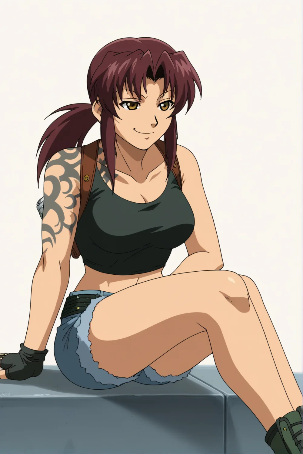 <lora:Revy:0.8>, Revy, 1girl, sitting, white background, smile