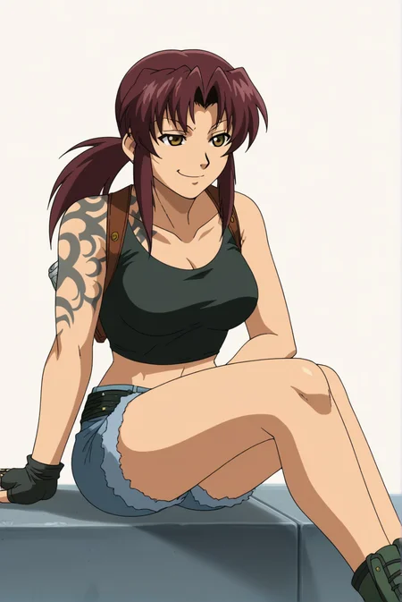 <lora:Revy:0.8>, Revy, 1girl, sitting, white background, smile