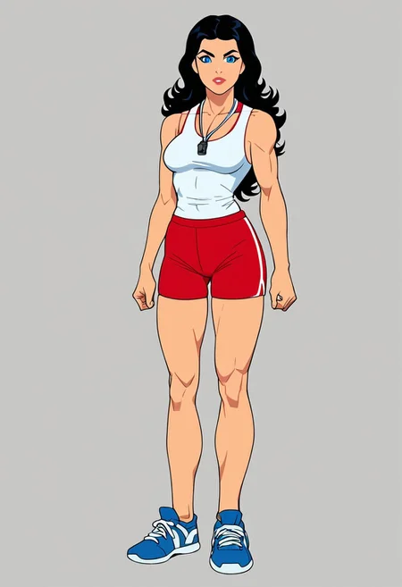 score_9, score_8_up, score_7_up, (low depth of field:1.2), Expressiveh, pureerosface_v1, drawn in the style of summertime saga, high contrast, master piece, detailed face, high quality, simple white background, blank background, full body portrait,
BREAK
1girl, standing, full body, black hair, long hair, medium breasts, muscular fit body, tight white tank top, red athletic short shorts, blue gym shoes, whistle hanging around neck, blue eyes. Stern commanding expression, pale skin, muscular, hot, gym coach. Diana Prince