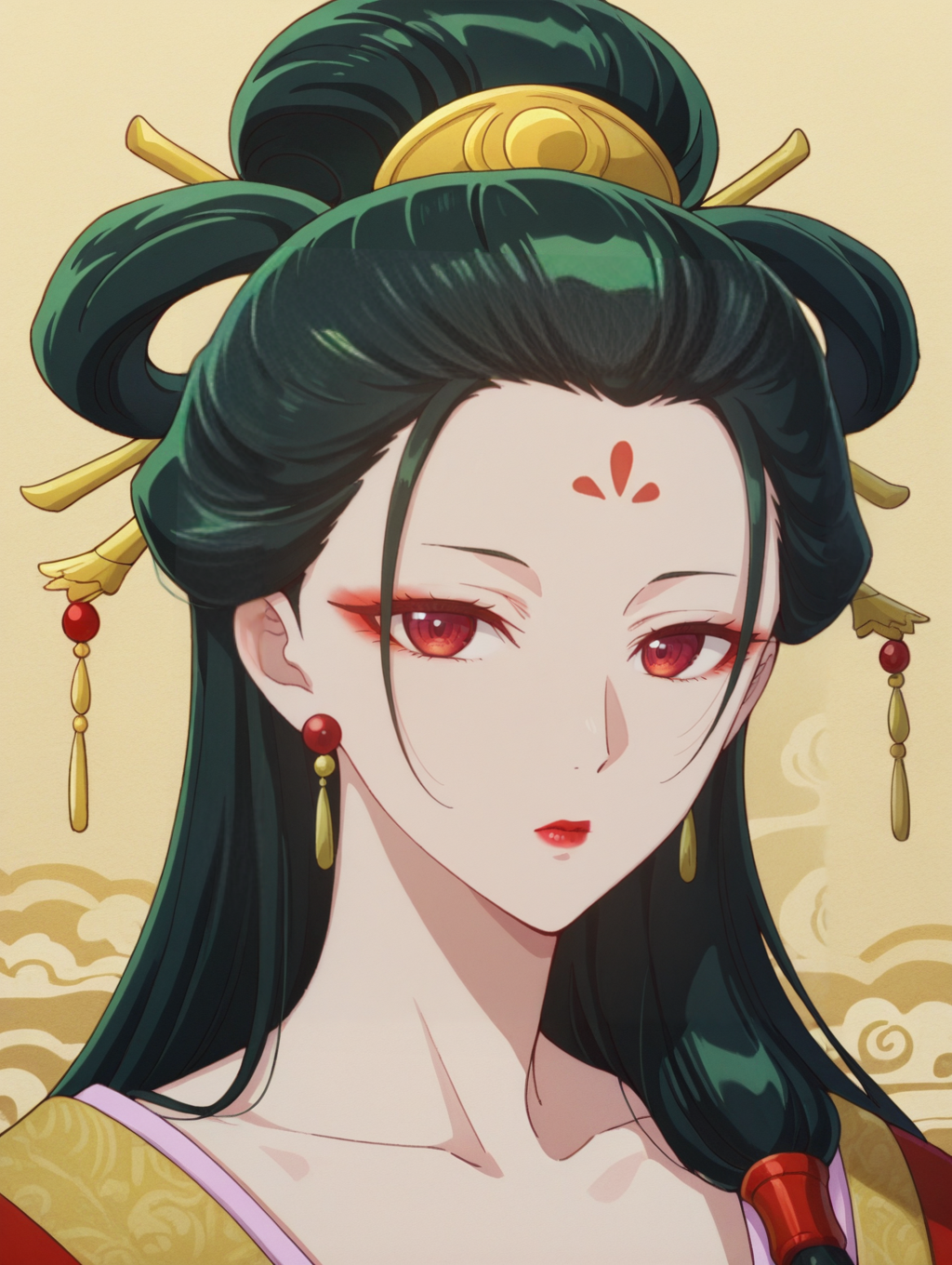 1girl,portrait,
ywfxv3,green hair,long hair,updo,hair rings,hair ornament,hair stick,forehead mark,red eyes,red eyeshadow,red lips,earrings,
looking at viewer,,<lora:ywfengxianv6_noob:1>