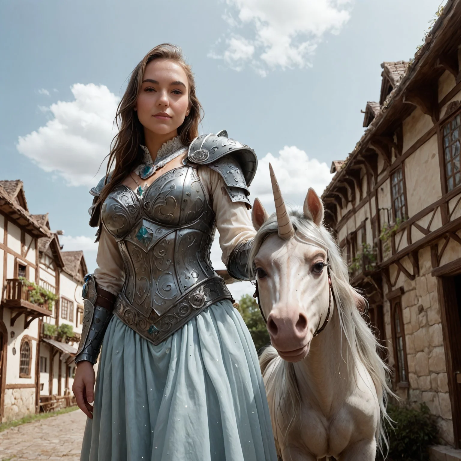 safe_pos,
(Candice, 1human, female, with 1Unicorn, horse), high quality, cell shaded illustration,view of fantasy over world in back ground, blue cloudy sky, green pasture, fantasy village off on distance
\n
Csupermodel, (subtle:1) smirk, 30s, fantasy adventures armor, large breast, brown hair, looking off in the distance, low angle, side view pov, perspective makes Candice look heroic, standing, next to, human
\n
(Candice, standing with Unicornmajestic, (grey), unicorn, it has a beautiful silver mane and tail, standing next to Candice, ,