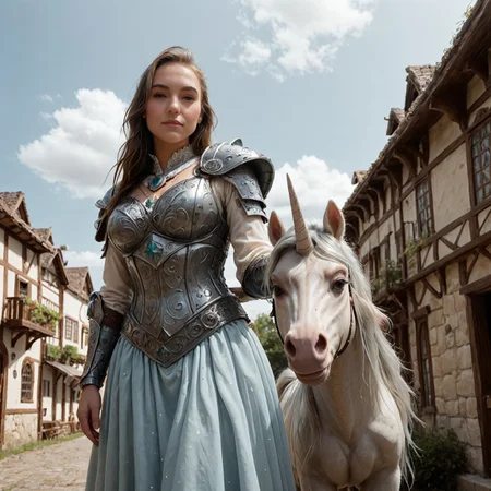 safe_pos,
(Candice, 1human, female, with 1Unicorn, horse), high quality, cell shaded illustration,view of fantasy over world in back ground, blue cloudy sky, green pasture, fantasy village off on distance
\n
Csupermodel, (subtle:1) smirk, 30s, fantasy adventures armor, large breast, brown hair, looking off in the distance, low angle, side view pov, perspective makes Candice look heroic, standing, next to, human
\n
(Candice, standing with Unicornmajestic, (grey), unicorn, it has a beautiful silver mane and tail, standing next to Candice, ,
