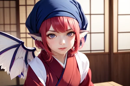 (detailed face, detailed eyes, clear skin, clear eyes), photography, detailed skin, (sash code:1.3), (white tasuki wings:1.1), hyperrealism, blurry, indoors, lips,(red kimono:1.3), (okamisty:1.5),pink hair, (OKMS:1.5), (mystia lorelei:1.1), (blue headscarf:1.4),(blue apron:1.4), touhou mystia's izakaya,
