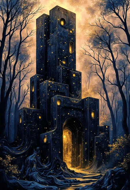 pst006, an ancient obsidian cubic tower rising from a dense forest landscape, fantasy digital painting, stunning intricate details