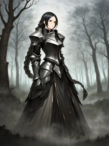 masterpiece, best quality, amazing quality, very aesthetic, high resolution, traditional media, four fingers and a thumb,
octopathstyle, 1woman, armored dress, fog, dusk wood, leaning on a oak tree, a lone white horse, braided very long hair, :/,
<lora:naoki_ikushima_octopath_v1_illustrious_epoch_7:0.8>,
<lora:NOOB_EPSv1_1_detailer_by_vlnvk_v1_0:1>,