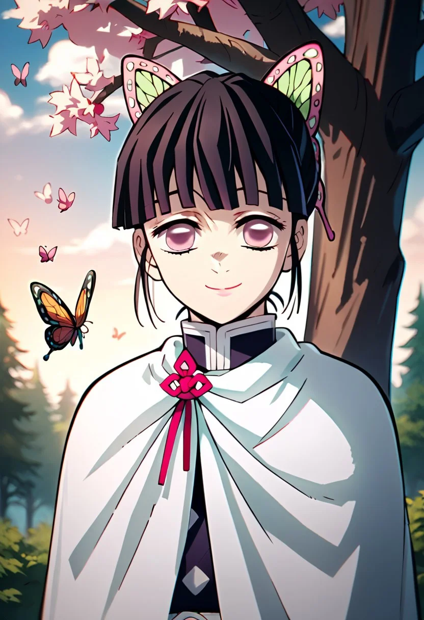 score_9,score_8_up,score_7_up,source_anime, tsuyuri kanao,1girl,solo,smile,closed mouth,upper body,outdoors,sky,pink eyes,cape,tree,bug,butterfly,white cape,demon slayer uniform,white cloak,butterfly on hand,