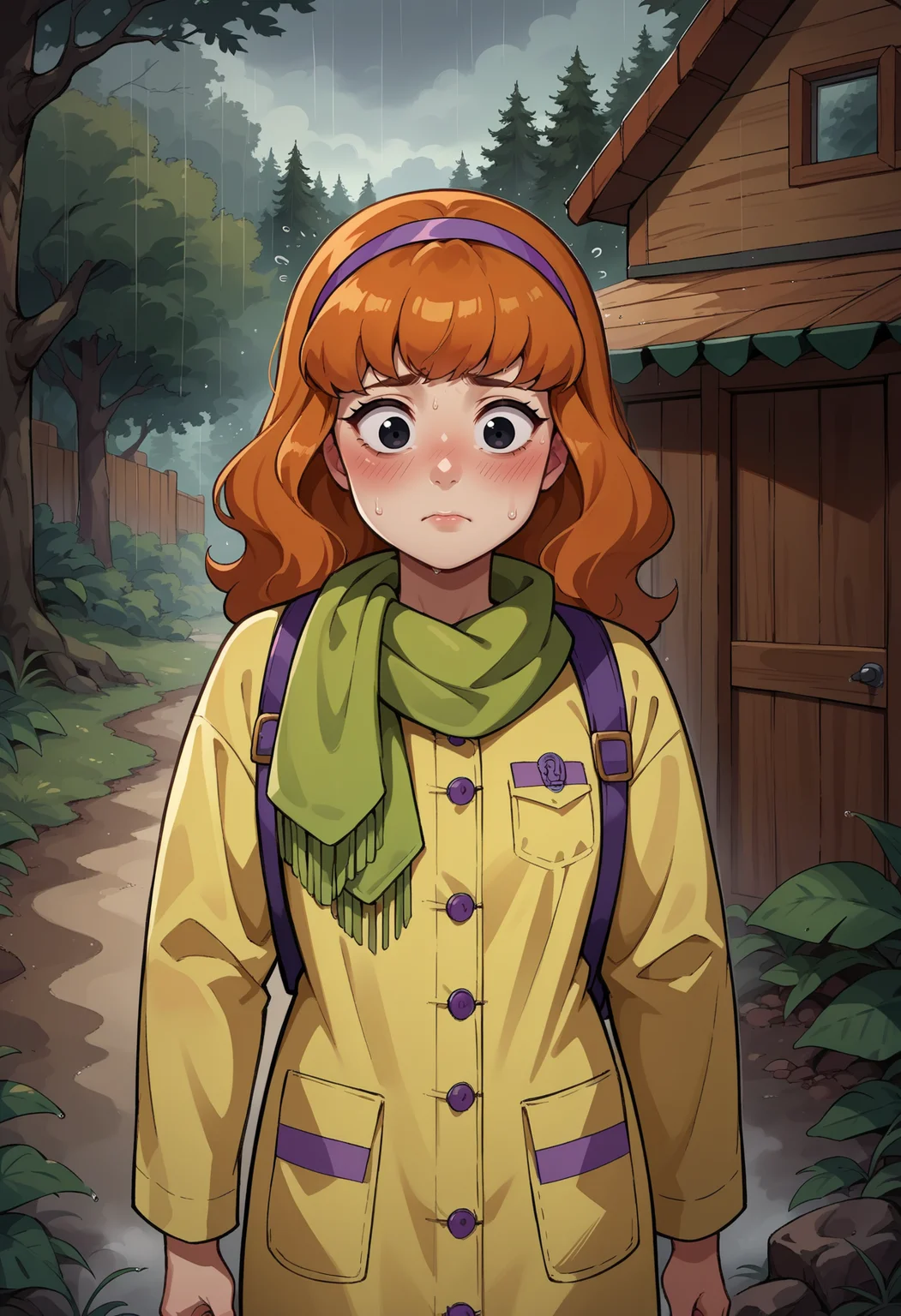 score_9, score_8_up,score_7_up, source_anime,1girl, solo,<lora:EPsbdDaphne:1>, EPsbdDaphne, orange hair, long hair, black eyes, purple hairband, green scarf,
cabin, woods, fog, horror \(theme\), backpack, raincoat, rain, exhausted, sigh,blush, sweat, sweatdrop, shiny skin,