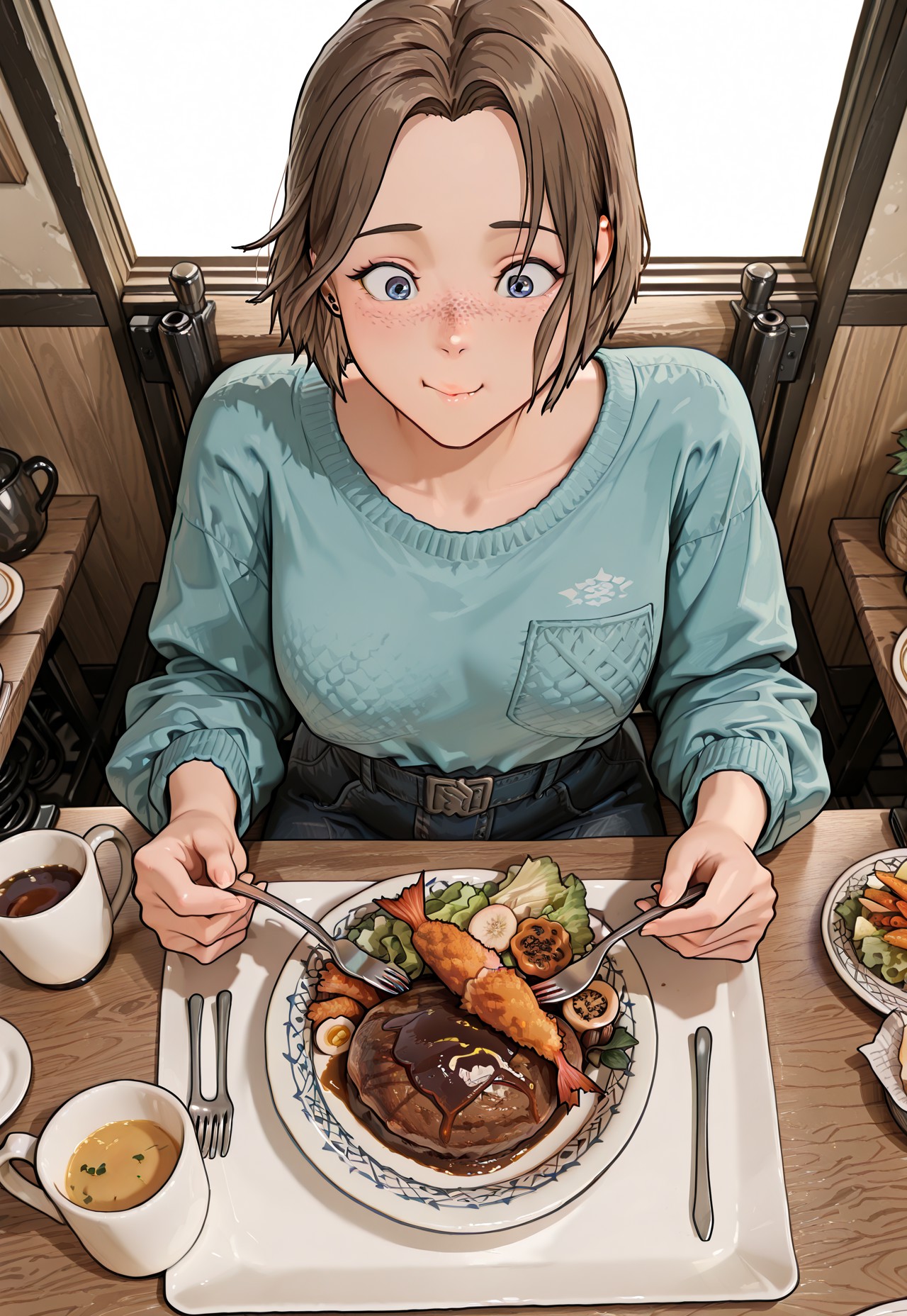 masterpiece,RobynSpade, Short hair, Brown hair, freckles, blue eyes, masterpiece, best quality, amazing quality, 1girl, solo, kissaten, japanese cafe, sitting, 1girl, solo, food, cup, plate, meat, table, wooden table, mug, hamburger steak, okosama lunch, salad, shrimp,rice, fried shrimp, glass, soup, holding fork, eating, (masterpiece:1.3), best quality, high resolution, unity 8k wallpaper, (illustration:1.2), 8K, viewed from above,