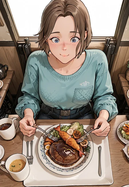 masterpiece,RobynSpade, Short hair, Brown hair, freckles, blue eyes, masterpiece, best quality, amazing quality, 1girl, solo, kissaten, japanese cafe, sitting, 1girl, solo, food, cup, plate, meat, table, wooden table, mug, hamburger steak, okosama lunch, salad, shrimp,rice, fried shrimp, glass, soup, holding fork, eating, (masterpiece:1.3), best quality, high resolution, unity 8k wallpaper, (illustration:1.2), 8K, viewed from above,