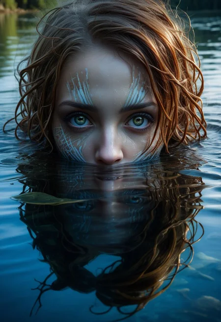 Mysterious female eyes in a lake, (only her eyes are above water-level, water reflection), goddess, alluring, by Minjae Lee, Carne Griffiths, Emily Kell, Steve McCurry, Geoffroy Thoorens, Aaron Horkey, Jordan Grimmer, Greg Rutkowski, amazing depth, double exposure, surreal, geometric patterns, intricately detailed, bokeh,  perfect balanced, deep fine borders, artistic photorealism , smooth,  great masterwork by head of prompt engineering   <lora:add-detail-xl:2>  <lora:Double_Exposure:0.5>