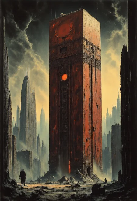 This surreal artwork depicting a dystopian cityscape under a heavy rainstorm. The scene is dominated by a massive, rusted, and decaying scifi structure, painted in shades of red and dark, with a texture that suggests years of neglect. This structure appears to be a towering, vertical building with numerous windows and vents, some of which are cracked or missing.
In the background, the cityscape features a mix of futuristic and industrial architecture, including towering strange skyscrapers and large, cylindrical structures, all covered in a thick layer of rain. The buildings are predominantly dark gray and black, with a few spots of light, possibly from streetlights or neon signs, adding contrast. The raindrops are depicted as tiny specks, creating a sense of heaviness and gloom.
In the background, a silhouettes is partially visible,  obscured by the rain,lurking, which hints at a dark fantasy or sci-fi element. The overall mood is bleak and desolate, with a focus on the harsh, gritty textures and the overwhelming presence of the rain.reflections,best quality,masterpiece,detailed,rich neon colors,glow,shimmer,cables,wires,color contrast,award-winning,disturbing,hard science fiction,futuristic,lost technology, melancholy,dramatic,tragic,visionary,sepia,fog,(close-up),
H.R.Giger
Zdzisław Beksiński,
Philippe druillet
John Berkey
Nicola Samori
john  grimshaw
