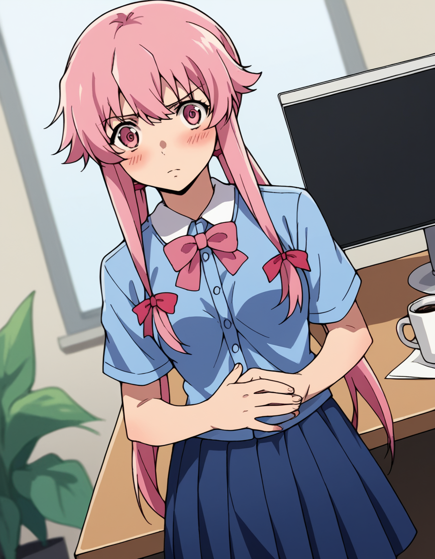 score_9, score_8_up, score_7_up, source_anime, <lora:yuno-gasai-s1-ponyxl-lora-nochekaiser:1>, yuno gasai, long hair, pink hair, pink eyes, sidelocks, ribbon, red ribbon, hair ribbon, twintails, medium breasts, skirt, bow, school uniform, blue shirt, pink bowtie, blue skirt, short sleeves, pleated skirt,, home office, working from home, computer screen, coffee cup, focus, deadline, , hand on stomach, blush,, looking at viewer, solo,, dutch angle, cowboy shot