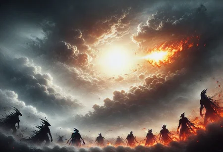 cinematic_photo, mad-abvthclds, clouds, mad-embr, fire, (giant_flaming_dragon:1.25) in the distance, (group_of_knights in the foreground:1.5), ominous, dark, chiaroscuro, low-key,