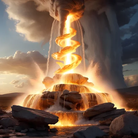 a huge fountain of rock, emitting flame bolts, spitting water domes, (tornadoes are sending objects flying:1.2), on the stone plateau, navy to golden gradient sky, semi-realistic aquarelle, bright lighting, close-up view, best quality, masterpiece, extremely detailed, 8K <lora:add-detail-xl:2>