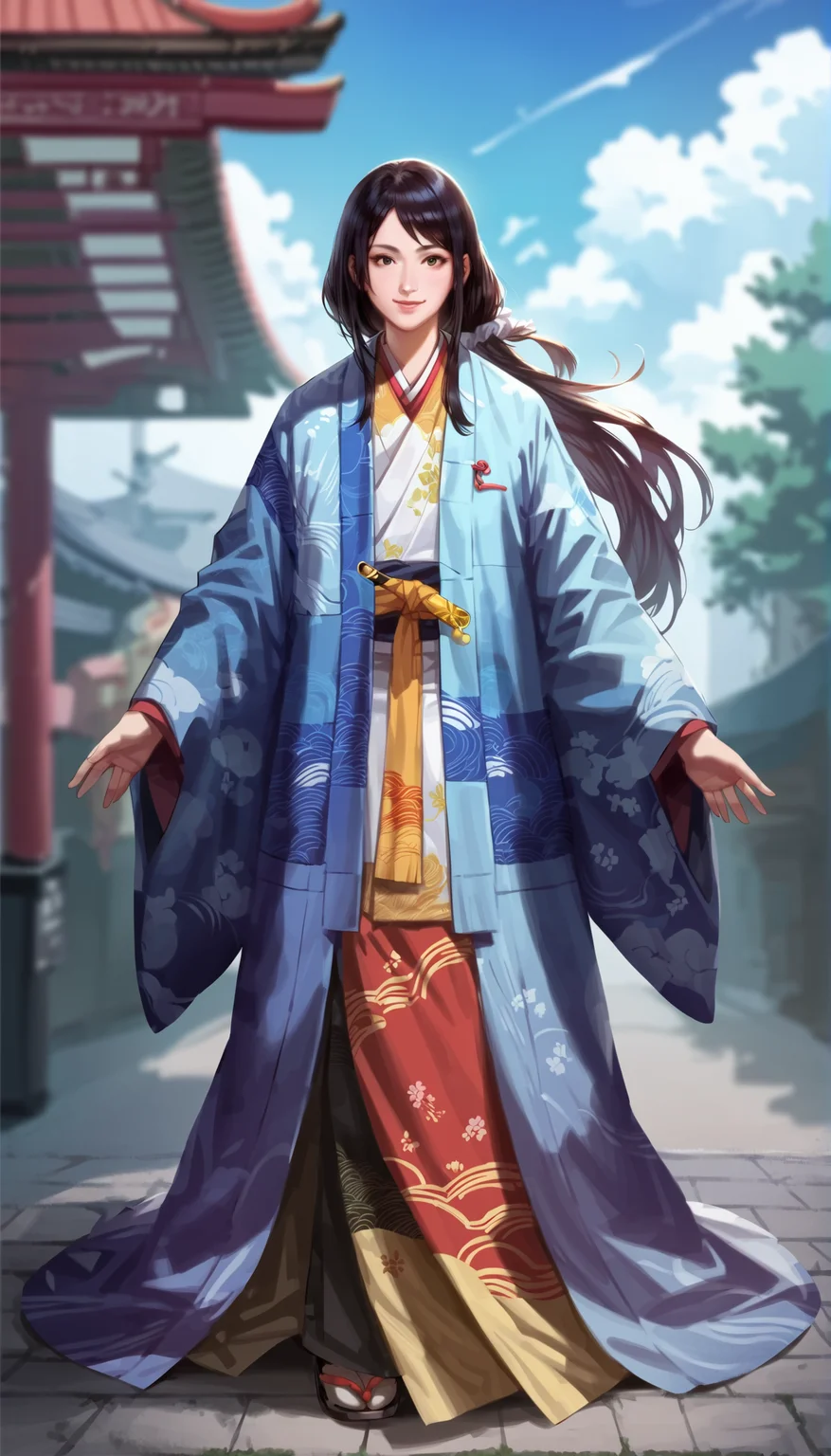score_9,score_8_up,score_7_up,
highly detailed,highres,<lora:naotoraIi:0.8>,naotora ii,
1girl,solo,
black hair,long hair,low ponytail,white scrunchie,
brown eyes,looking at viewer,smile,kimono,layered blue and orange fabric with yellow accents,intricate patterns,yellow sash,full body,front view,
outdoors,sky,simple background,blurry background,