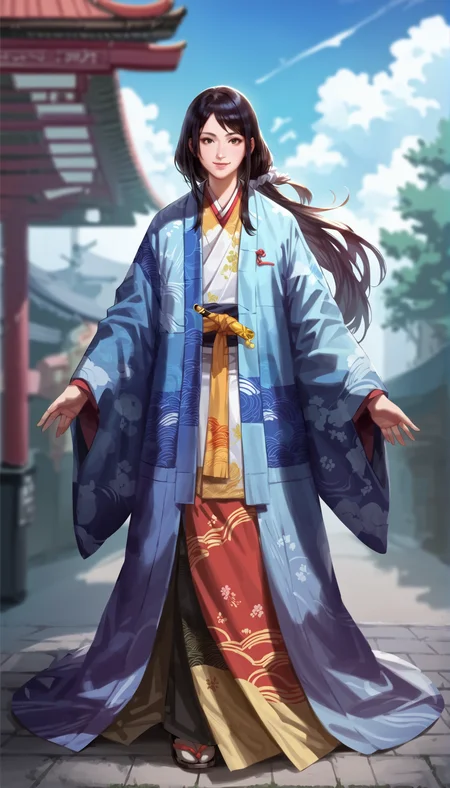 score_9,score_8_up,score_7_up,
highly detailed,highres,<lora:naotoraIi:0.8>,naotora ii,
1girl,solo,
black hair,long hair,low ponytail,white scrunchie,
brown eyes,looking at viewer,smile,kimono,layered blue and orange fabric with yellow accents,intricate patterns,yellow sash,full body,front view,
outdoors,sky,simple background,blurry background,