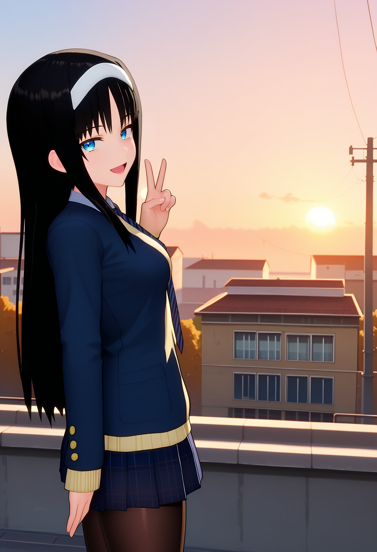 score_9, score_8_up, score_7_up, anime screencap, source_anime, 1girl, solo,
<lora:Akiha_Tohno_Blendy_V1:.85>, KJOakiha, black hair, blue eyes, long hair, headband, 
school uniform, pantyhose, long sleeves, blue jacket, necktie, 
from side, peace sign, smile, half closed eyes, open mouth, looking at viewer, 
School, rooftop, sunset, outdoors, 
(Beautiful, medium Breasts:1.2),