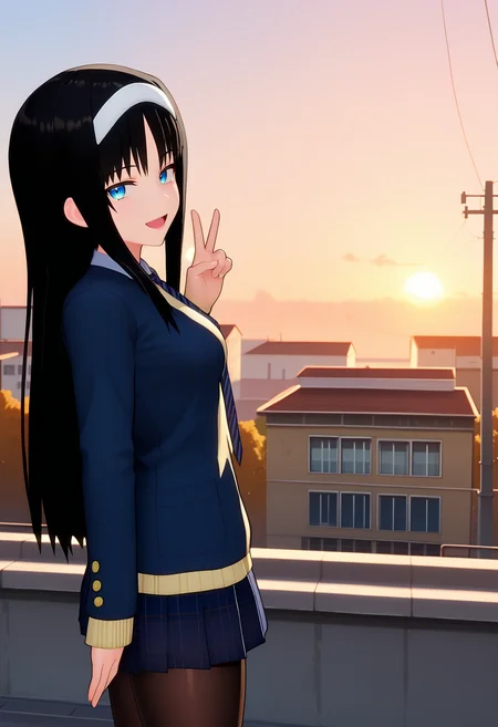 score_9, score_8_up, score_7_up, anime screencap, source_anime, 1girl, solo,
<lora:Akiha_Tohno_Blendy_V1:.85>, KJOakiha, black hair, blue eyes, long hair, headband,
school uniform, pantyhose, long sleeves, blue jacket, necktie,
from side, peace sign, smile, half closed eyes, open mouth, looking at viewer,
School, rooftop, sunset, outdoors,
(Beautiful, medium Breasts:1.2),