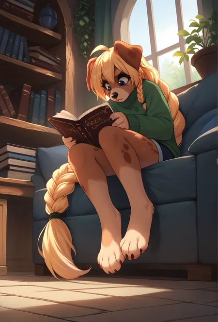 score_9, score_8_up, score_7_up, score_6_up, score_5_up, score_4_up, indoors, library, hanging plant, window, dome BREAK
 <lora:zofie_fluffkevlar_ponyXL_v1.2:1> zofie, 1girl, furry, solo, dog ears, (very long hair:1.1), small breasts, single braid, sitting in a bean bag chair, claws, feet, low angle, full body, sweater, shorts, reading, parted lips