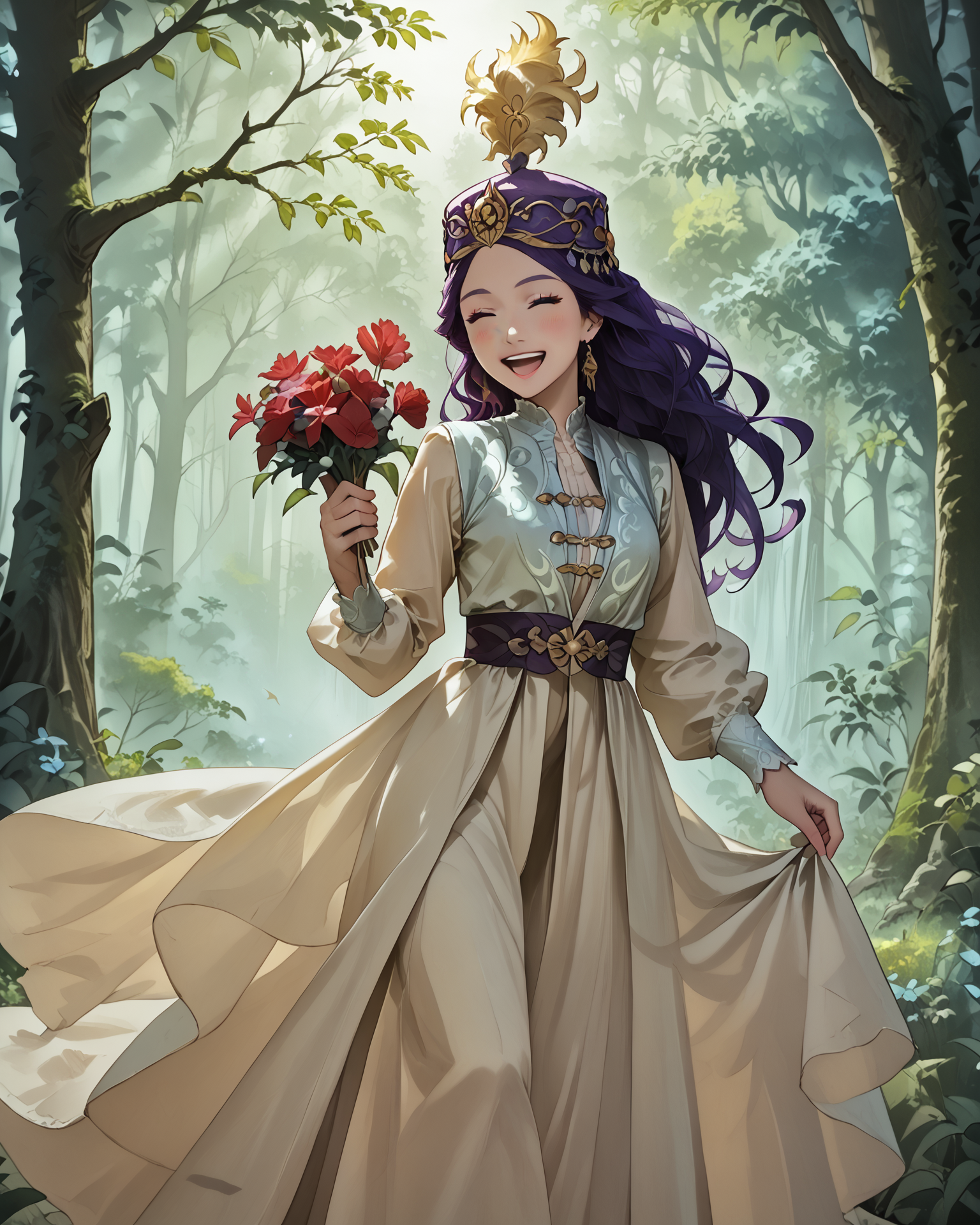 score_9, score_8_up, score_7_up, 1girl, wearing kazfa, waist-up, purple hair, long hair, extremely detailed clothing, jacquard fabric, gold accents, holding a bouquet, happy, serene, (dancing:1.1), enchanted forest, light blush, masterpiece, highest quality, absurdres, (extremely detailed,best quality:1.1), detailed face, detailed hair, <lora:KazakhFashionXL:1.2>,   <lora:Anime Summer Night Style SDXL_LoRA_Pony Diffusion V6 XL:1>