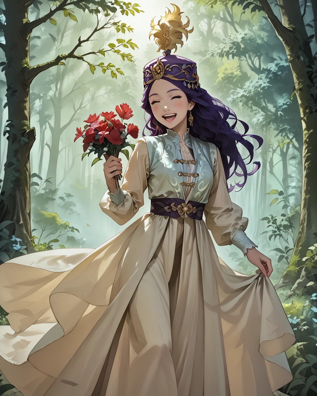 score_9, score_8_up, score_7_up, 1girl, wearing kazfa, waist-up, purple hair, long hair, extremely detailed clothing, jacquard fabric, gold accents, holding a bouquet, happy, serene, (dancing:1.1), enchanted forest, light blush, masterpiece, highest quality, absurdres, (extremely detailed,best quality:1.1), detailed face, detailed hair, <lora:KazakhFashionXL:1.2>, <lora:Anime Summer Night Style SDXL_LoRA_Pony Diffusion V6 XL:1>