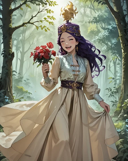 score_9, score_8_up, score_7_up, 1girl, wearing kazfa, waist-up, purple hair, long hair, extremely detailed clothing, jacquard fabric, gold accents, holding a bouquet, happy, serene, (dancing:1.1), enchanted forest, light blush, masterpiece, highest quality, absurdres, (extremely detailed,best quality:1.1), detailed face, detailed hair, <lora:KazakhFashionXL:1.2>, <lora:Anime Summer Night Style SDXL_LoRA_Pony Diffusion V6 XL:1>