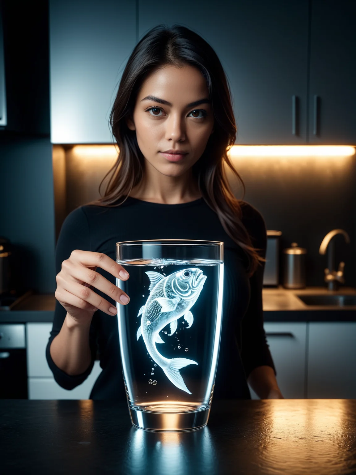 woman standing in kitchen holding water glass, mad-spklgwtr fish<lora:Sparkling_Water_SDXL:0.8>, masterpiece, best quality, ultra high res, (photorealistic, realistic:1.2), deep shadow, raw photo, film grain, Fujifilm XT3, 8k uhd, dslr