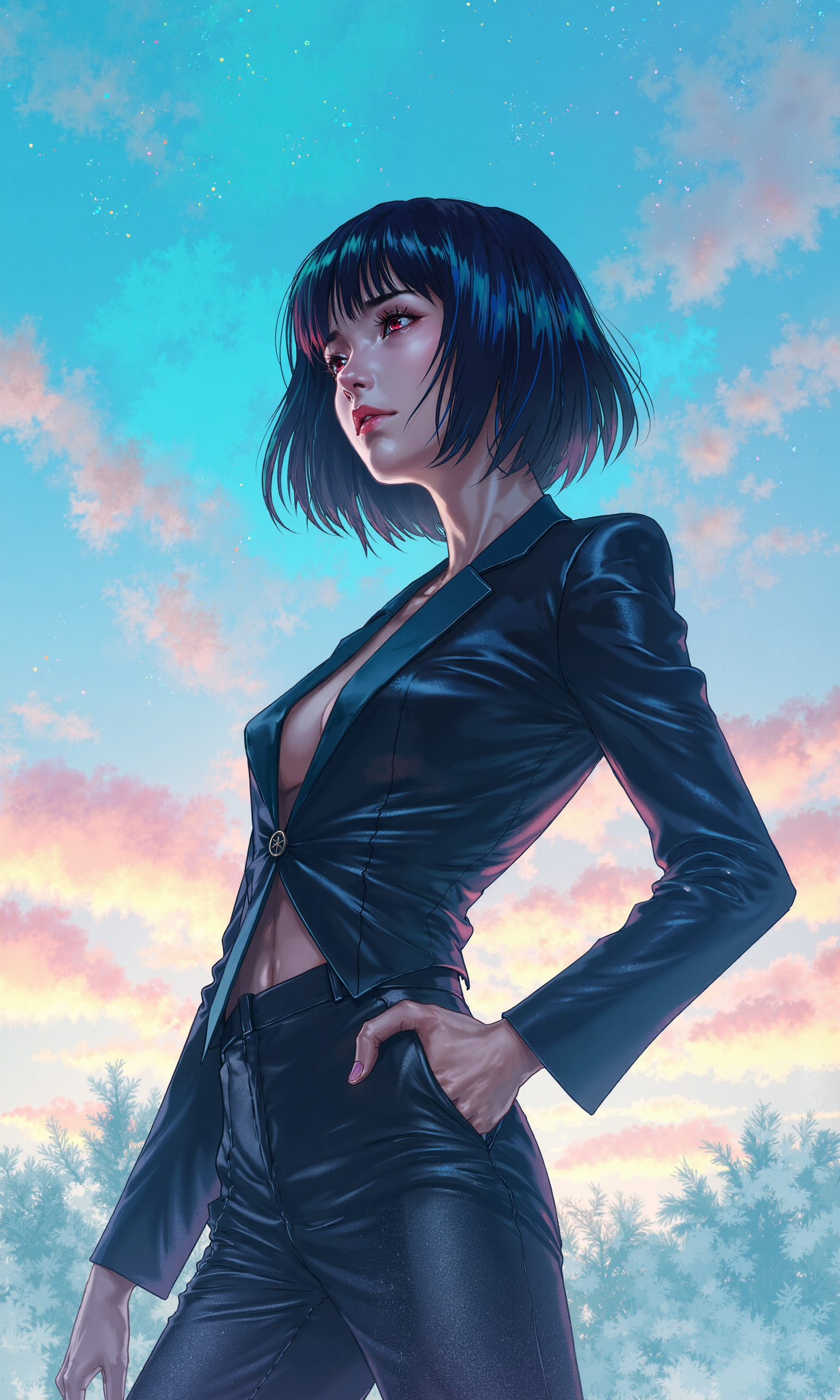 A slender Japanese woman with porcelain skin and raven-black hair, dressed in an avant-garde outfit, strikes an eccentric pose against a wintry, holographic sky backdrop. Inspired by the iconic poses of JoJo's Bizarre Adventure, her confident demeanor is accentuated by dynamic angles and vibrant colors, reminiscent of a Hayao Miyazaki film. Soft, diffused light with a cool blue undertone, characteristic of a winter morning, casts a gentle glow on her face, illuminating her bold expression. The scene is shot with a shallow depth of field, using a 50mm lens with a subtle film grain, and graded with a pastel color palette to evoke a dreamy, ethereal atmosphere. The painting is in the style of umesky<lora:ume_sky_v2.safetensors:0.8:0.8>