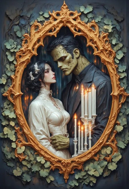 A color pencil illustration captures a stylized scene inspired by the iconic 1931 film "Frankenstein," featuring the Bride of Frankenstein and Frankenstein's monster. The Bride, a woman with short, curled black hair with white streaks on the side, is adorned in a white dress with a high-necked collar, facing left and making eye contact with Frankenstein's monster. He appears as a tall figure with green skin and chapped lips, dressed in a dark suit. They are closely positioned in a dimly lit, romantic room, with an arch of golden cloth in the background and patterned wallpaper Gothic elements include white candles and candelabras, along with light green plants. The classic and intimate ambiance is highlighted by soft illumination, evoking warmth, elegance, nostalgia, and a touch of natural vitality.