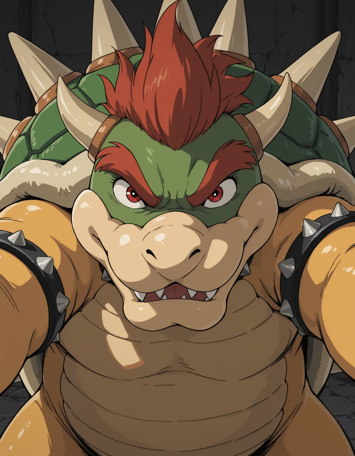 bowser, studio_ghibli, reaching towards viewer, sinister, masterpiece, best quality, amazing detail, high definition