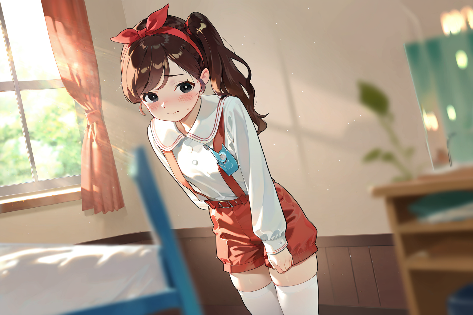girl,suspender_skirt,brown hair,black eyes,shy,blush,red bow,bow headband,Side ponytail,red skirt,white_thighhighs,<lora:ééå¥³å­©noobXL-000026:1>,<lora:é¬¼éèæ¨¡åNoobXL-000032:0.5>,shorts,red_shorts,indoors,desk,bed,window,, masterpiece,illustration,Depth of field,(Cinematic Lighting),blurry foreground,, light_rays,ray tracing,gloss,reflection,