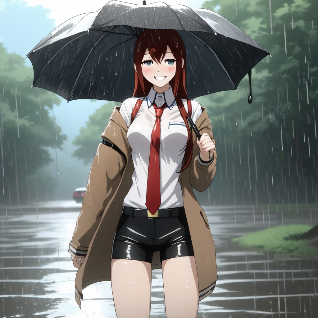 A hot and cute image of Makise Kurisu playing in the rain , jacket , white shirt , red necktie , full body , sexy legs , holding umbrella , cheerful smile , blush