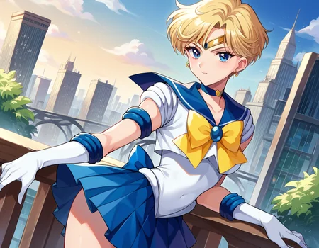 score_9, score_8_up, score_7_up, source_anime,
sailoruranus, <lora:sailor-uranus-ponyxl-lora-nochekaiser:1>
sailor uranus, blonde hair, blue eyes, parted bangs, short hair, very short hair,
back bow, blue bow, blue choker, blue gemstone, blue sailor collar, blue skirt, bow, bowtie, choker, circlet, earrings, elbow gloves, gem, gloves, jewelry, miniskirt, pleated skirt, sailor collar, shirt, short sleeves, skirt, white gloves, white shirt, yellow bow, yellow bowtie,
outdoors, cityscape, bent over,
looking at viewer, cowboy shot, dutch angle,