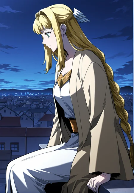 <lora:Dolores_Quovadis__Revenge_of_the_Iron-Blooded_Sword_Hound__Illustrious:1>
Dolores_Quovadis, 1 girl, solo, long hair straight hair, blonde hair, thick braid, long braid, straight fringe, wing hair ornament, green eyes, cross pupils, <lora:DetailedEyes_V3:1>,
Dolores_Quovadis_priest, beige outer robe, wide sleeves, brown waist sash, golden neckline detail, side braids, priestess outfit,
score_9, score_8_up, score_7_up, score_6_up, source_anime, masterpiece, best quality, absurdres, highres, newest, anime coloring <break> 1girl, solo, sitting, on wall, from side, town, night sky, cloud