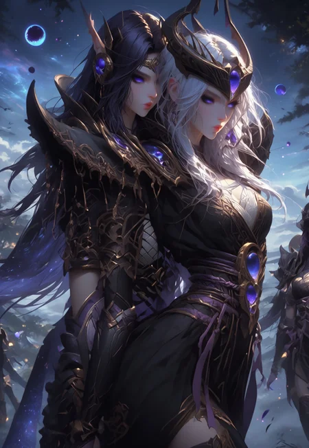 safe_pos, safe_pos, score_9, score_8_up, score_7_up, score_6_up, Expressiveh, 2girls, (left girl Xalatath, purple skin, black sclera, purple eyes, ringed eyes, purple hair, headband, witch outfit), (right girl, white skin, white hair, Syndra, SyndraNormal, 1woman, solo, syndra outfit, crown, white hair), Daring aerialist, futuristic skyline, glass dome, suspended silk ribbons, ((revealing bodysuit)), iridescent fabric, transparent, long white hair, syndra clothes, bodysuit, glass bodysuit, large saggy breasts, narrow waist, juicy breasts, syndra head protector, strategic cutouts, neon glow, anti-gravity performance, floating water droplets, holographic projections, chrome surfaces, bioluminescent body paint, windswept hair, white hair, smoky purple eyes, glossy lips, elongated limbs, flexed muscles, impossible pose, zero-gravity environment, cosmic backdrop, shooting stars, floating bubbles, ethereal mist, pulsating light show, reflective floors, mirrored walls, lens flares, dream-like atmosphere, vivid colors, metallic sheen, digital augmentations, hyper-realistic details, avant-garde aesthetics, futuristic fashion, high-contrast lighting, ultra-high resolution, surreal beauty, night view, void orbs, Syndra orbs