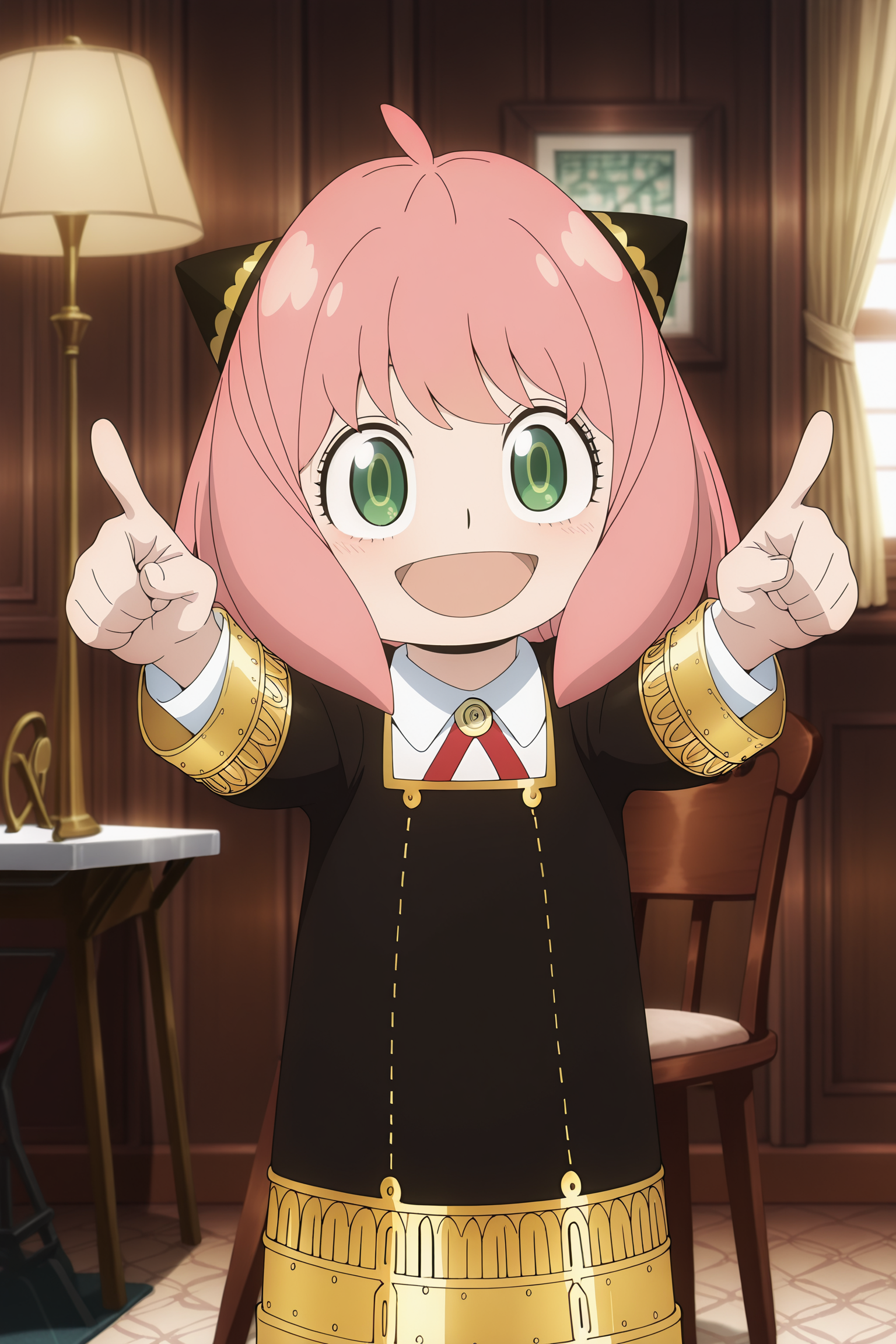 anime screencap, anime coloring, detailed face, masterpiece, best quality, very aesthetic, absurdres, volumetric lighting, official style, amazing quality, ultra detailed,  highres, amazing quality, scenery, beautiful detailed hair, beautiful detailed eyes, detailed fingers,
lazypos, lazyhand
 <lora:Anya_Forger_Spy_x_Family:1>
in a house, living room, coach, table lamp,
Anya Eden Academy uniform (outfit), Anya Forger (character), 1girl, anya (spy x family), eden academy school uniform, child, green eyes, pink hair, hairpods, school uniform, smile, black footwear, arms up, dress, chair, pointing at the viewer, cowboy shot, :D, open mouth