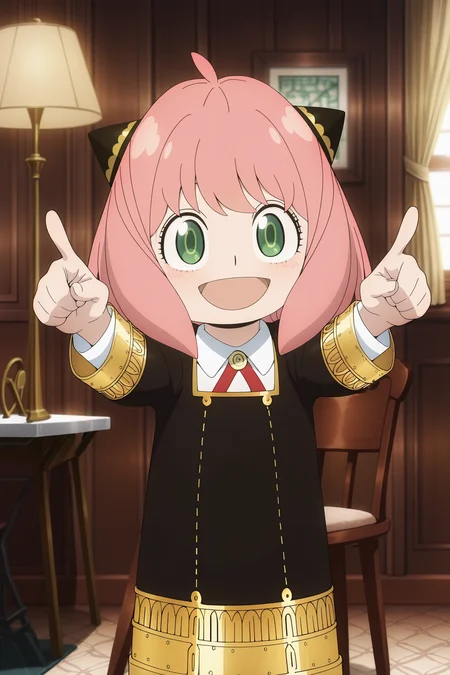 anime screencap, anime coloring, detailed face, masterpiece, best quality, very aesthetic, absurdres, volumetric lighting, official style, amazing quality, ultra detailed,  highres, amazing quality, scenery, beautiful detailed hair, beautiful detailed eyes, detailed fingers,
lazypos, lazyhand
 <lora:Anya_Forger_Spy_x_Family:1>
in a house, living room, coach, table lamp,
Anya Eden Academy uniform (outfit), Anya Forger (character), 1girl, anya (spy x family), eden academy school uniform, child, green eyes, pink hair, hairpods, school uniform, smile, black footwear, arms up, dress, chair, pointing at the viewer, cowboy shot, :D, open mouth