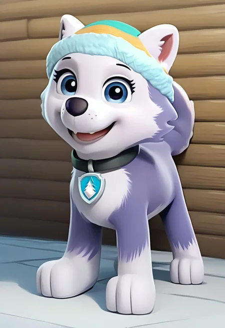 BREAK Score_9_up, Score_8_up, Score_7_up, source_anime, (frontal), 1girl, solo, everest, dog, feral, teal cap, black fur, blue eyes, full body,
