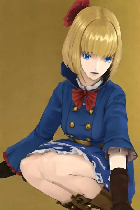 solo_focus, 1girl, (((masterpiece))), ((best quality)), ((ultra-detailed)), high resolution, absurdres, highres, ultra-detailed 8k unity wallpaper,
chizurusmt, blonde hair, short hair, blue eyes, hair ornament, long dress, boots, gloves,