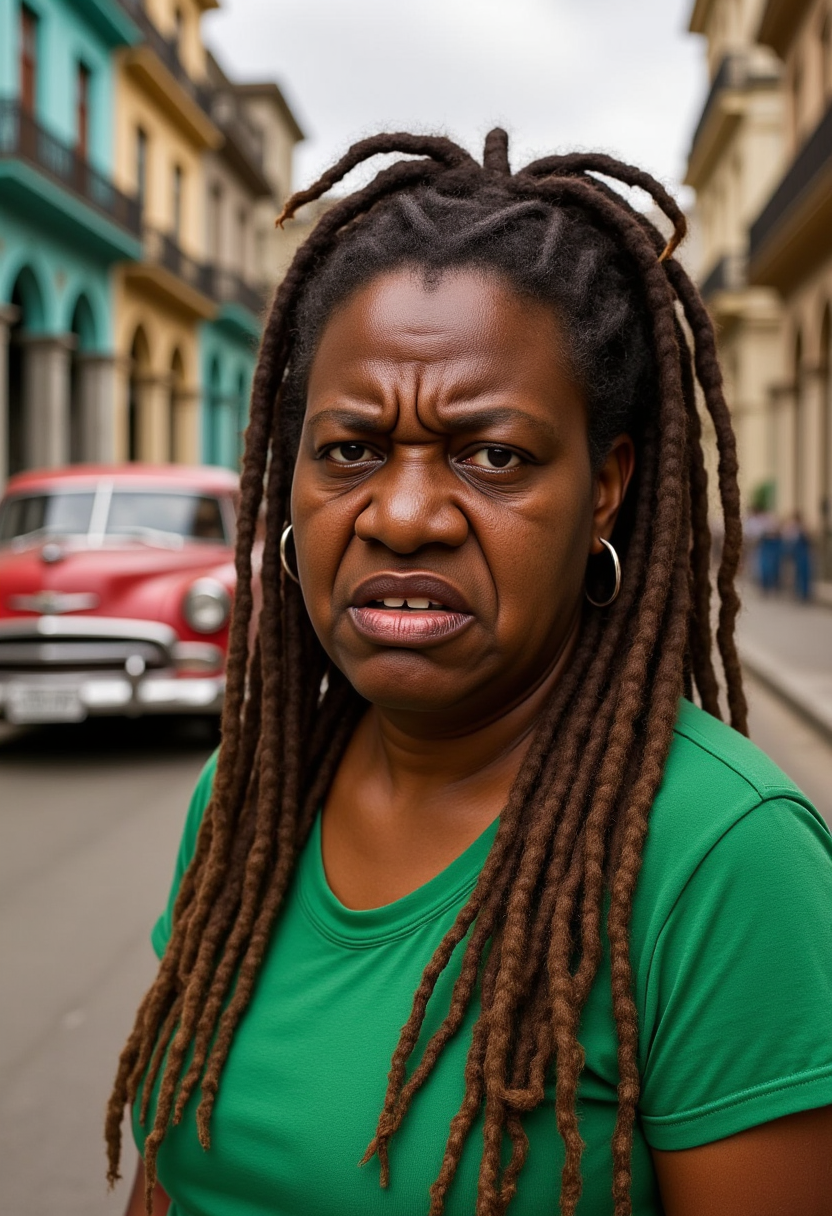 a woman with dreadlocks standing in the middle of a street in Havana, Cuba. She is wearing a green t-shirt and there is a car driving on the road in front of her. On either side of the street are buildings, and the sky is visible at the top of the image.