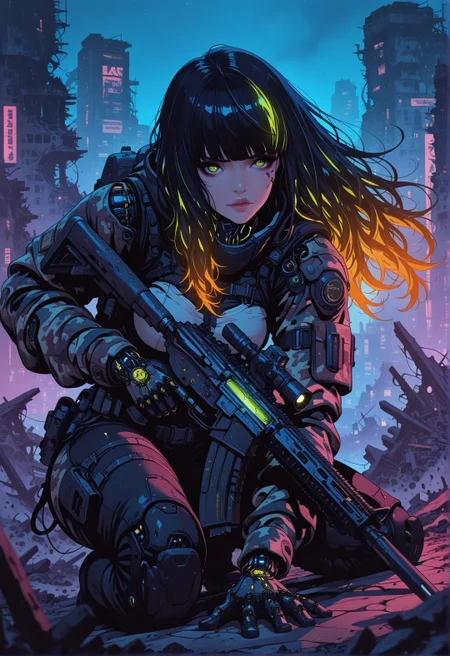 <lora:ck-nc-cyberpunk-IL-000011:0.4>, masterpiece, best quality, good quality, very aesthetic, absurdres, newest, 8K, depth of field, focused subject,
dynamic angle, side view, action shot, 1girl, cyberpunk cyborg, looking at viewer, fierce look, (camouflage glowing hair, long hair), the cyborg is very sinister and dangerous, cross_draw, AR15 rifle, assault rifle, rifle_draw, one_hand_on_trigger, trigger discipline, black desert, arid environment, city, ruins, nightvision, at night,
in the style of cknc,
<lora:MoriiMee_Gothic_Niji_Style_Illustrious_r1:0.45>
 <lora:ck-shadow-circuit-IL:0.78>
 <lora:ck-Sommo-Concept-Art-IL:0.6>