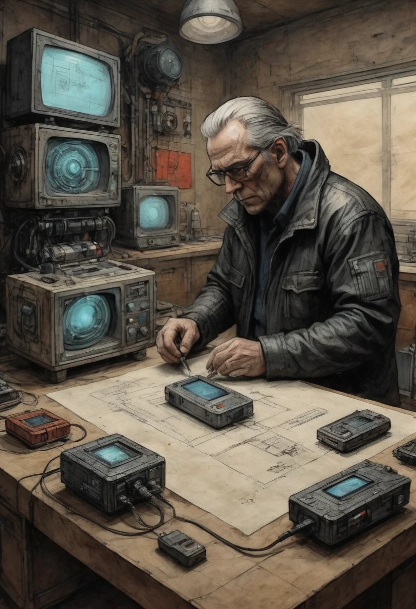 on parchment cinematic portrait of a man fixing gadgets cold moody background reflective intricate cyberpunk compound dean ellis diane dillon syd mead simon stalenhag barnett newman hr giger screenshot from a movie