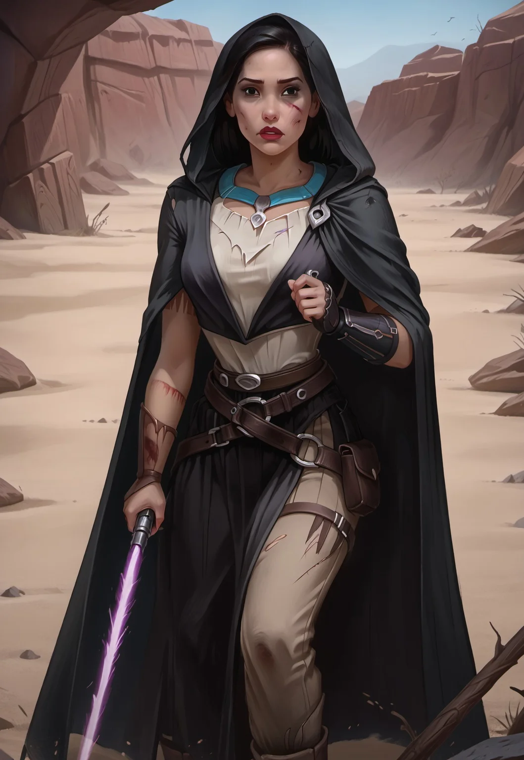 safe_pos, ((zPDXL3)), OZRN, digital art, score_9,score_8_up,score_7_up,score_6_up, face focus, waist-up portrait, absurdres, masterpiece, high res, detailed, 
1girl, solo, (((DisneyPocahontas, 1girl, black hair, black eyes, long hair, dark skin))), (d4rkr3v4n4rm0r, black robe, cape, hood down, breastplate, gauntlets, belt, pants, belt boots), (holding lightsaber, purple lightsaber), calm expression, makeup, beautiful woman, action pose,
BattleDamage, cuts, bruises,
in danger, distressed, alarmed, (combat stance), 
dramatic, danger, dutch angle, dof, sand desert background, perfect, Hand, detailed, perfection, hands, 
<lora:bastilashan:1> <lora:Battle_Damage:0.3> <lora:hand 4:0.5>