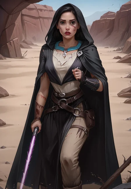 safe_pos, ((zPDXL3)), OZRN, digital art, score_9,score_8_up,score_7_up,score_6_up, face focus, waist-up portrait, absurdres, masterpiece, high res, detailed,
1girl, solo, (((DisneyPocahontas, 1girl, black hair, black eyes, long hair, dark skin))), (d4rkr3v4n4rm0r, black robe, cape, hood down, breastplate, gauntlets, belt, pants, belt boots), (holding lightsaber, purple lightsaber), calm expression, makeup, beautiful woman, action pose,
BattleDamage, cuts, bruises,
in danger, distressed, alarmed, (combat stance),
dramatic, danger, dutch angle, dof, sand desert background, perfect, Hand, detailed, perfection, hands,
<lora:bastilashan:1> <lora:Battle_Damage:0.3> <lora:hand 4:0.5>